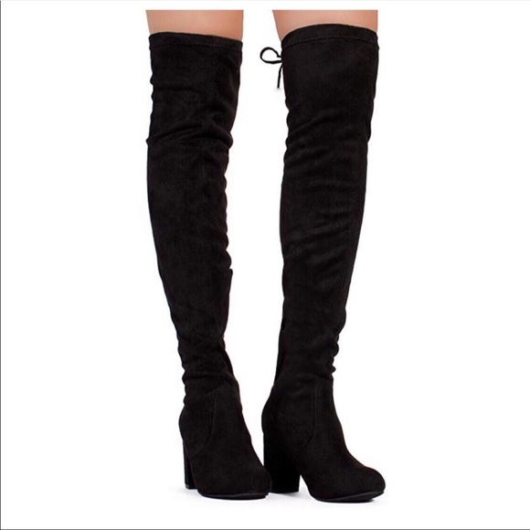 Black Over The Knee Boots Block Heel - Picture 6 of 8